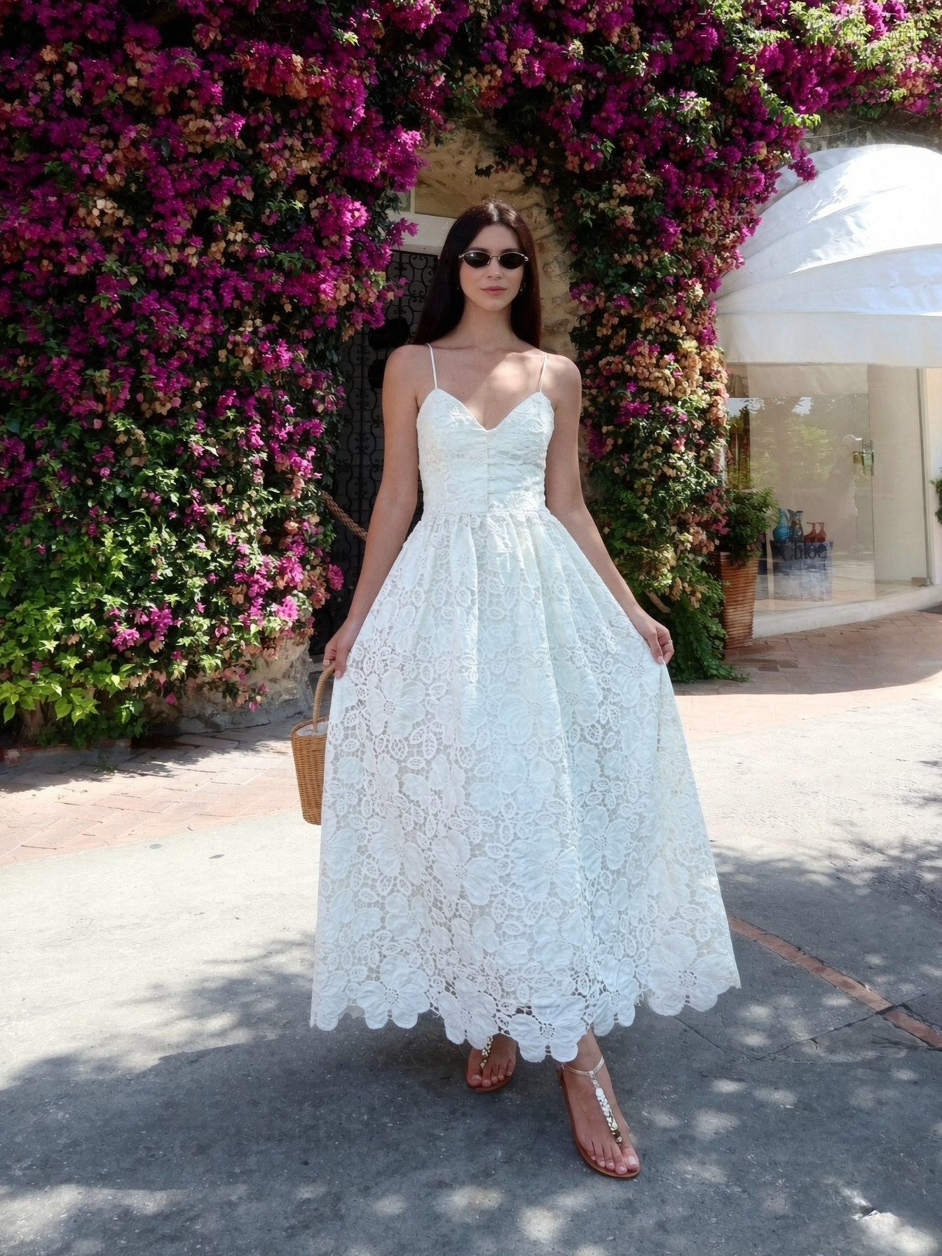Celine White Lace Thin Strapline  Dress