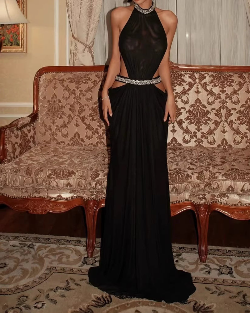 Cassandra Black Crystal-embellished Cutout Dress