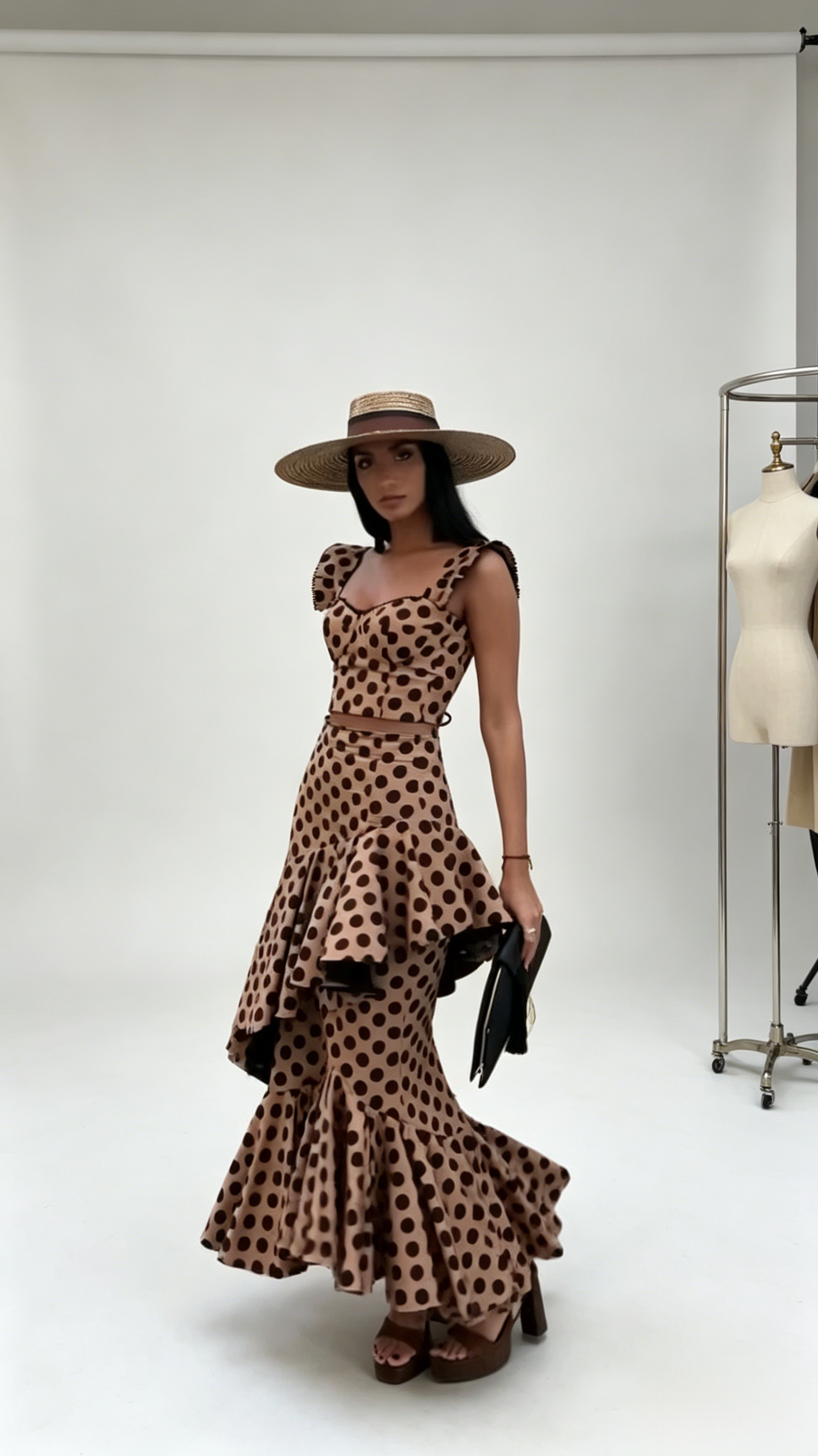 Luna  Brown Polka Dot Fishtail Skirt Suit