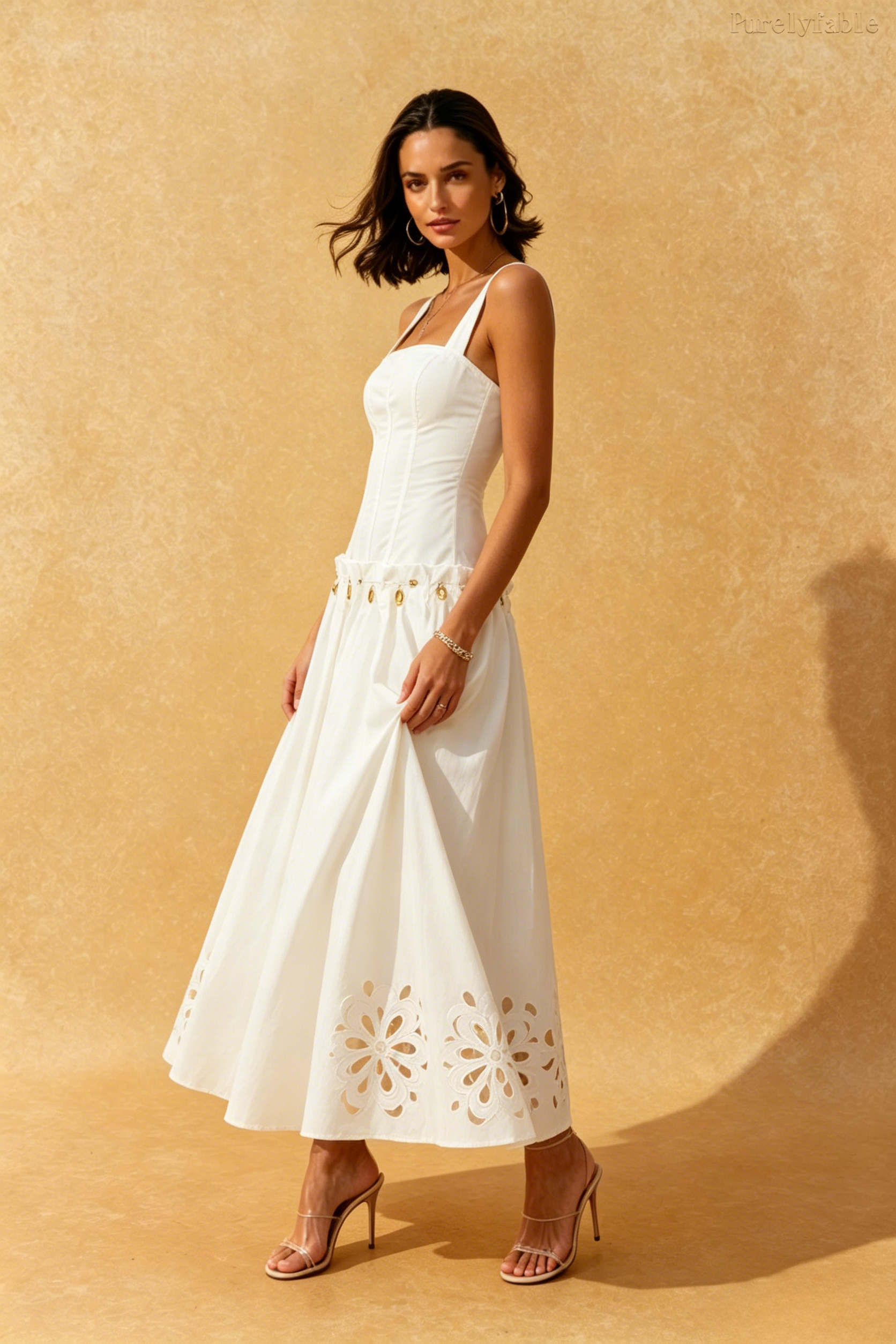Helena White Square Neck Waist Hollow Flower Dress
