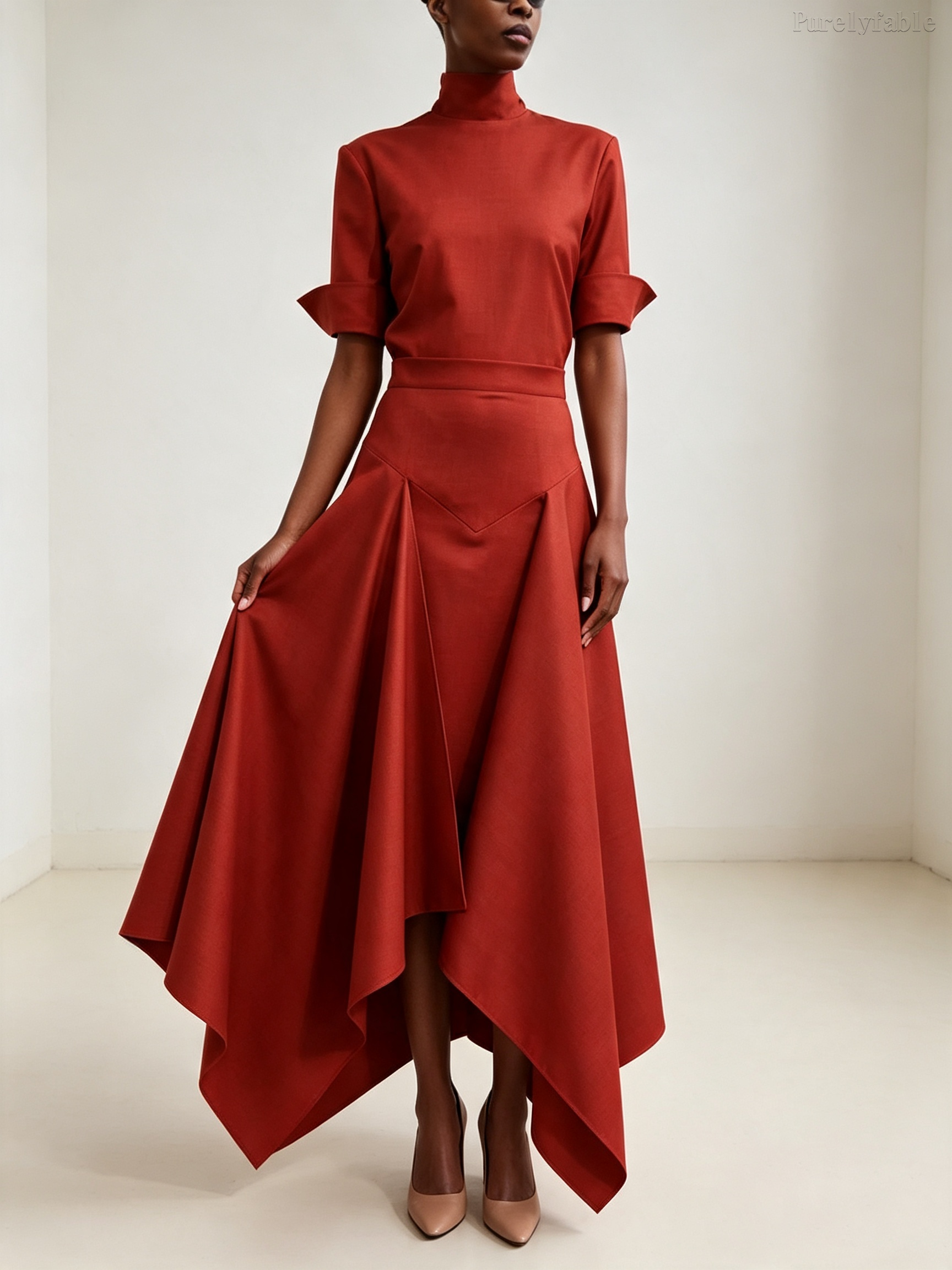 Iris Red Top And Irregular-Length Skirt Two-Piece Set