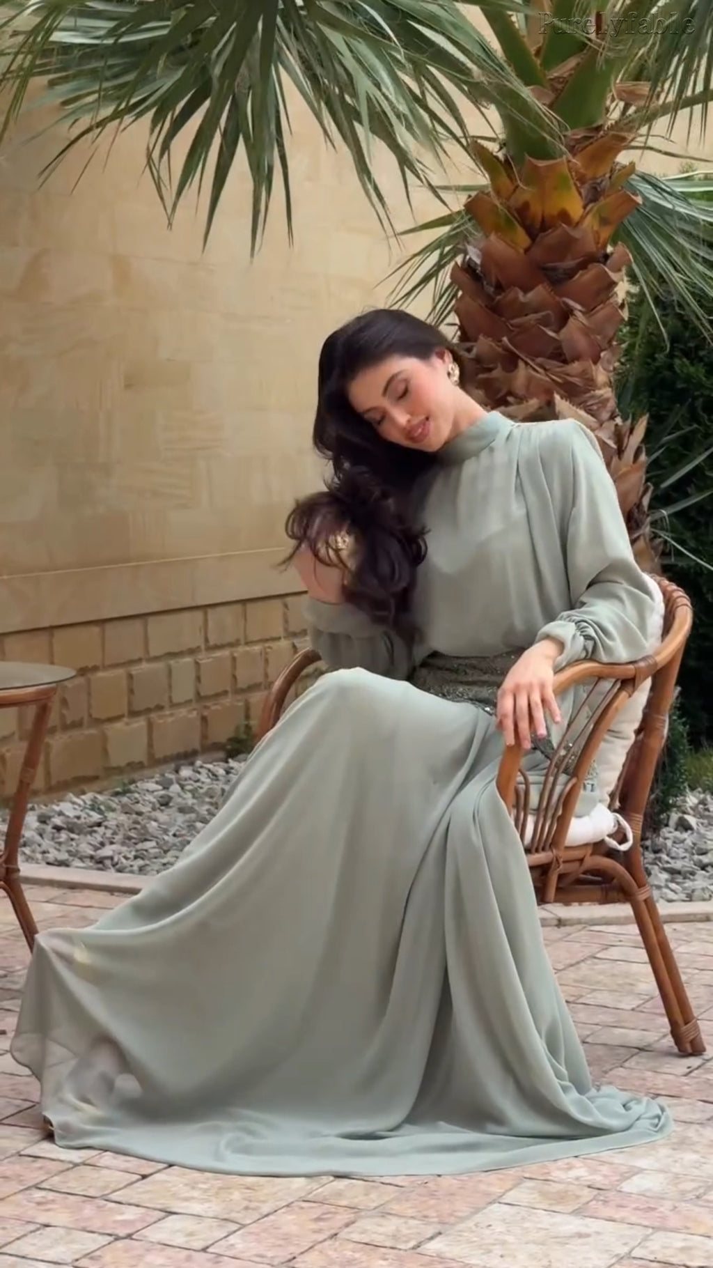 Kamila Light Green High-neck Flowing Long Dress Set