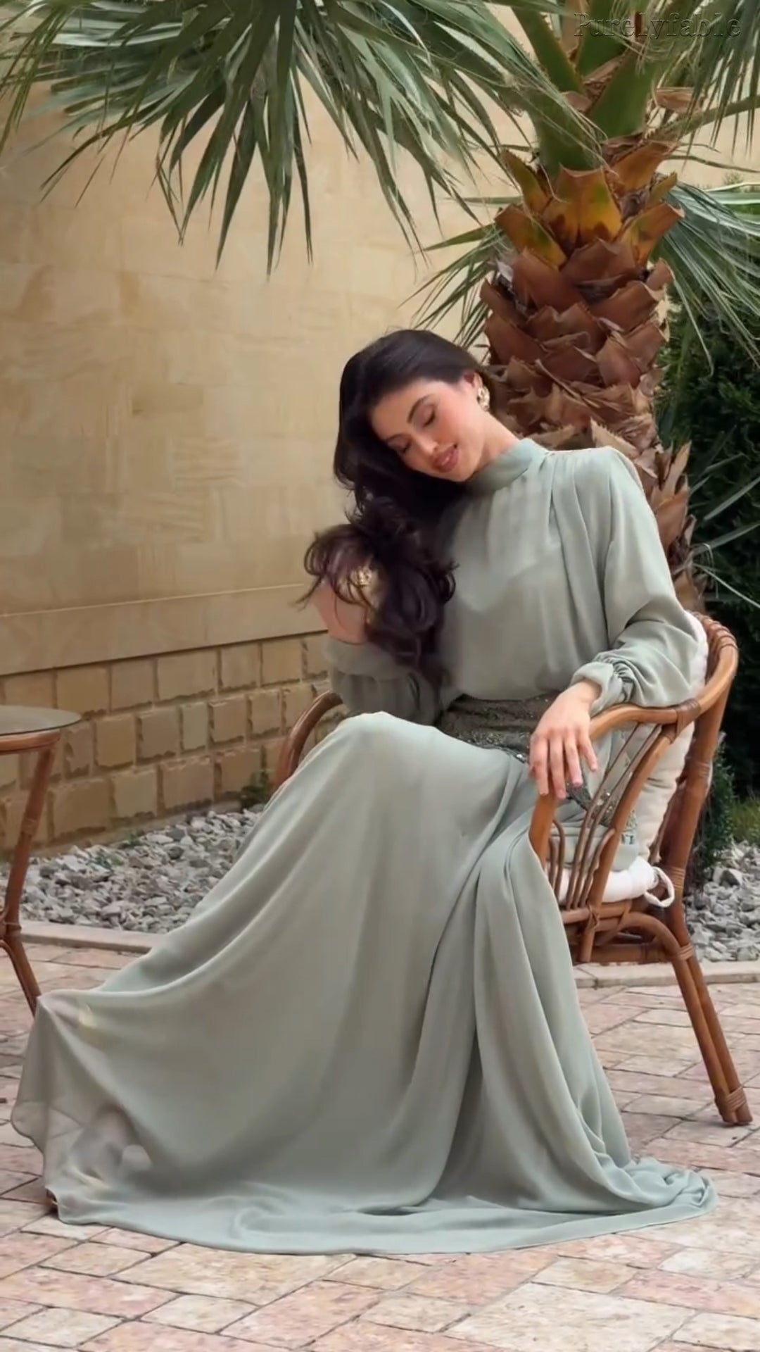 Kamila Light Green High-neck Flowing Long Dress Set