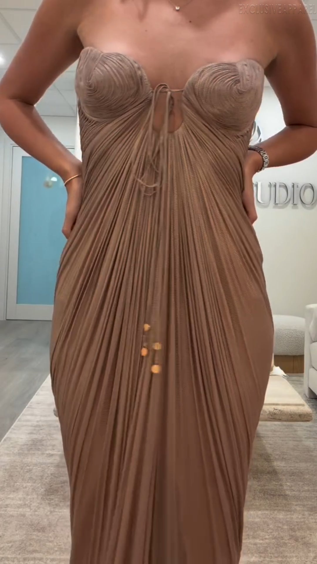 Genesis Brown Color Strapless Open-Length Evening Gown