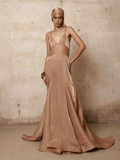 Maya Brown Thin Shoulder Strap V-Neck Trailing Skirt