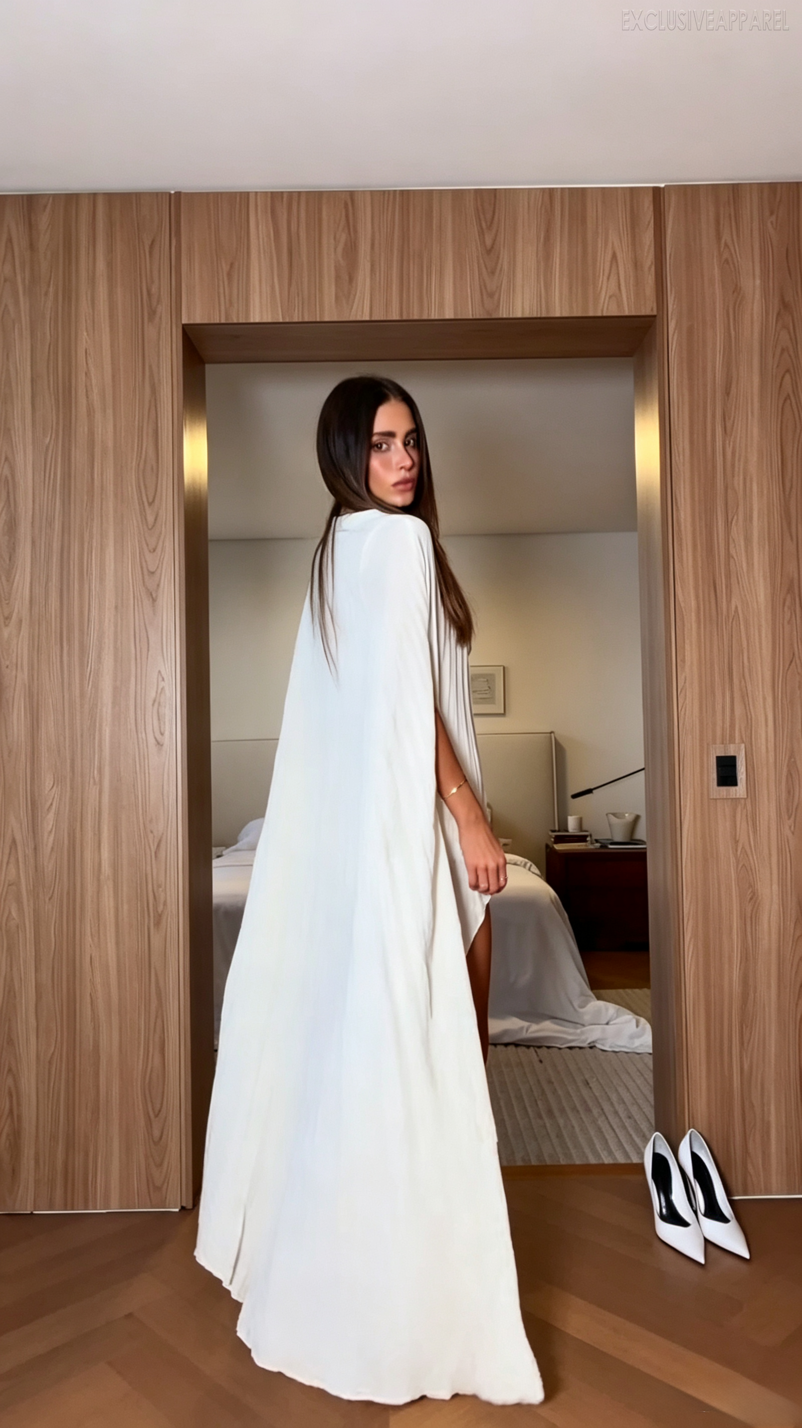 Everly White High-Neck Pleated High Slit Long Dress
