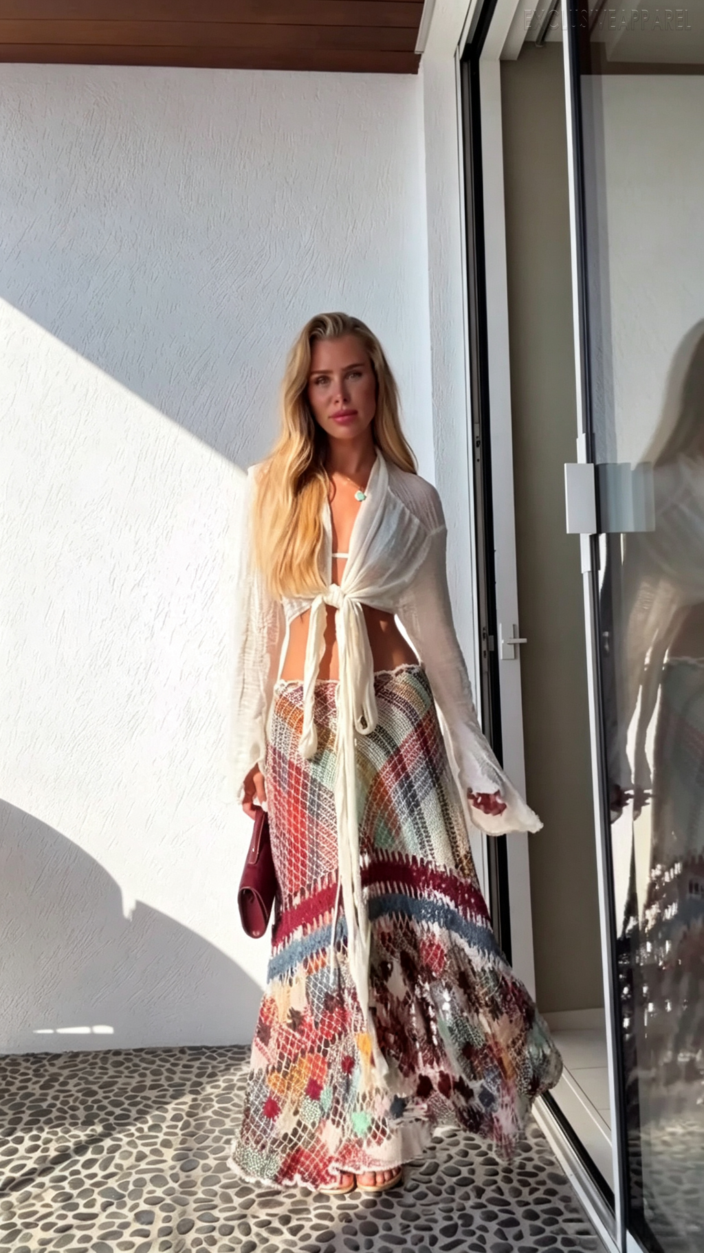 Selena White Long-Sleeved Rhinestone Long-Dress Two-Piece Set