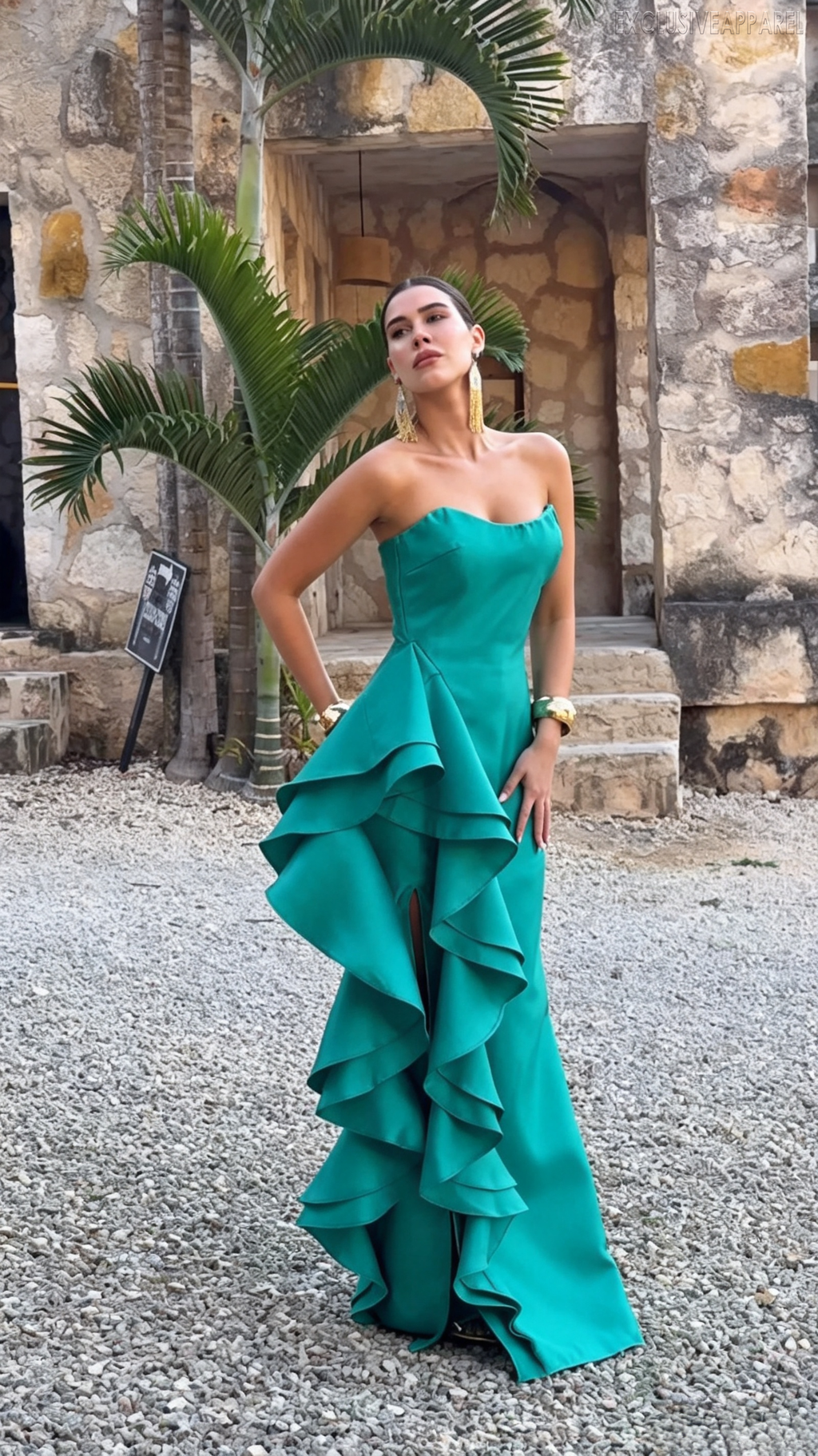 Aria Dark Green Strapless Frill-Edged V-Neck Long Dress