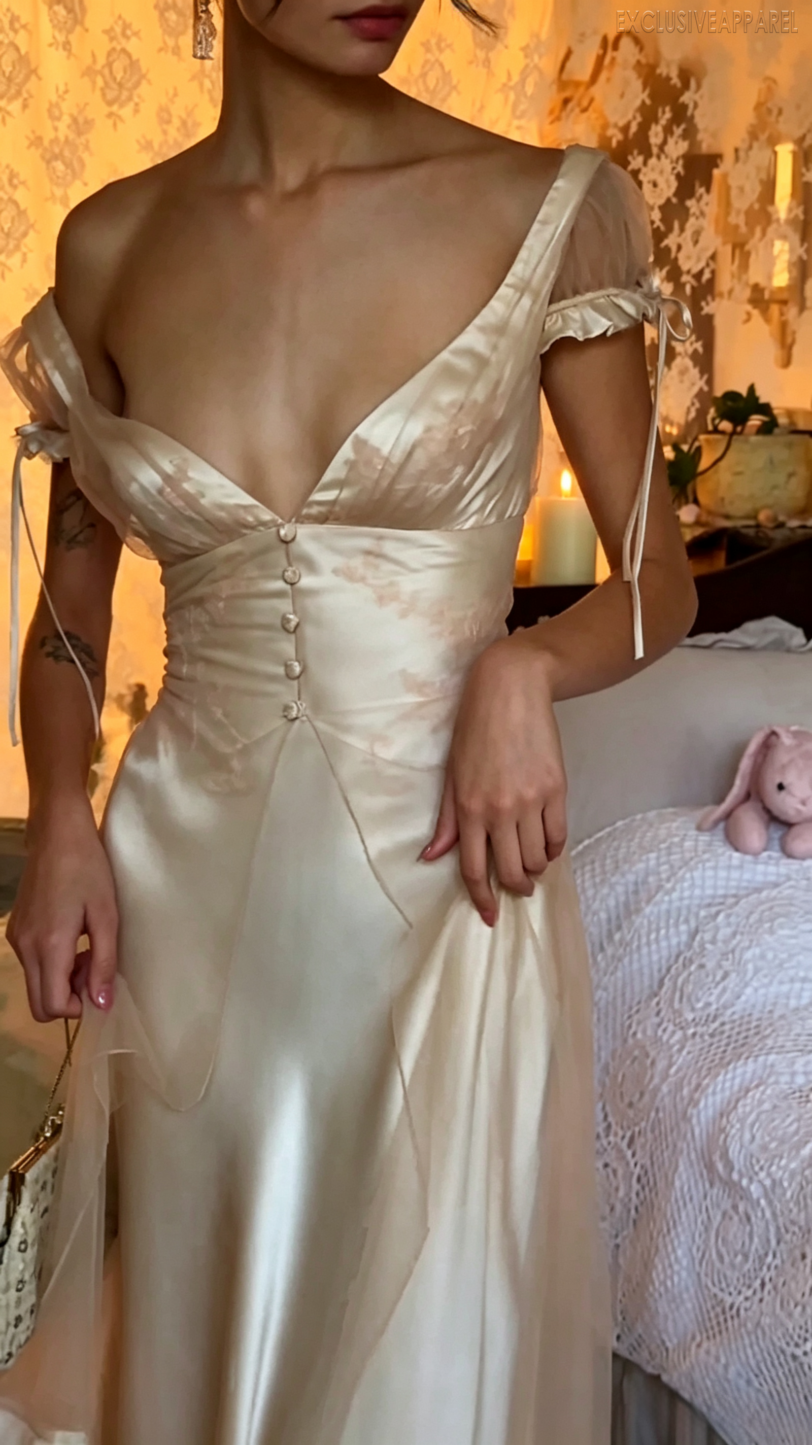 Riley Champagne Color One-Shoulder V-Neck Dress