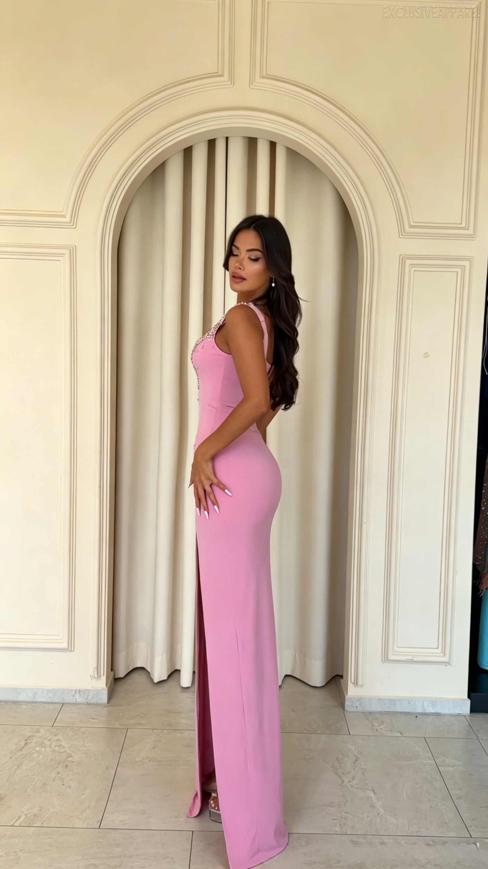 Natalie Pink Sequined Deep V-Neck High Slit Dress