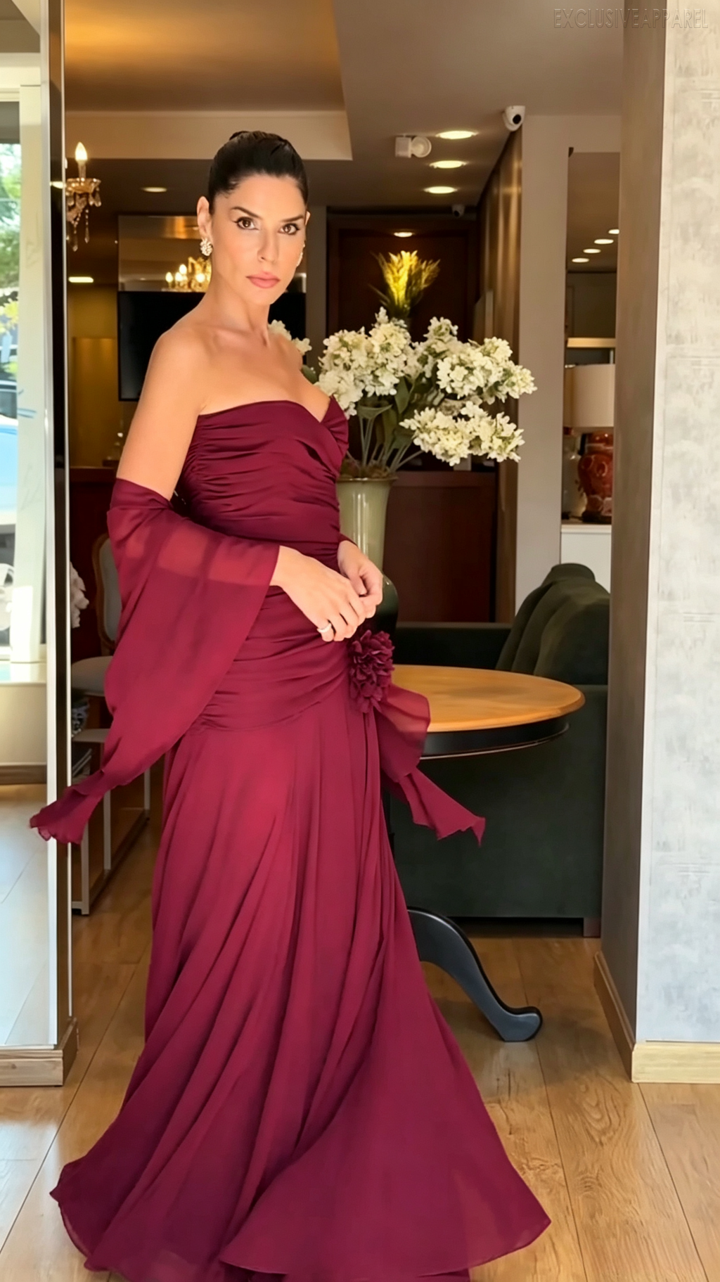 Allison Wine Red Strapless Pleated Long Evening Dress