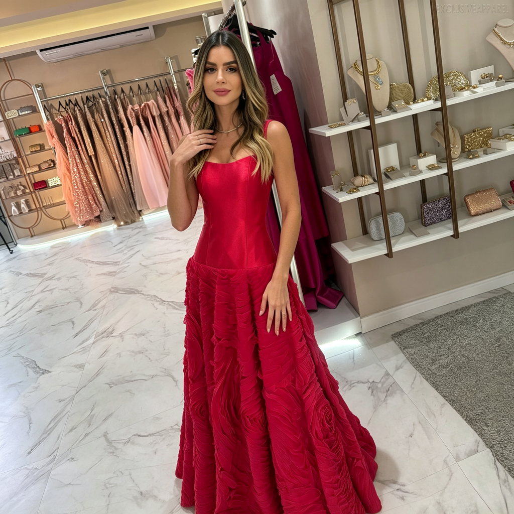 Paisley Red Square-Neck Sleeveless Long Dress