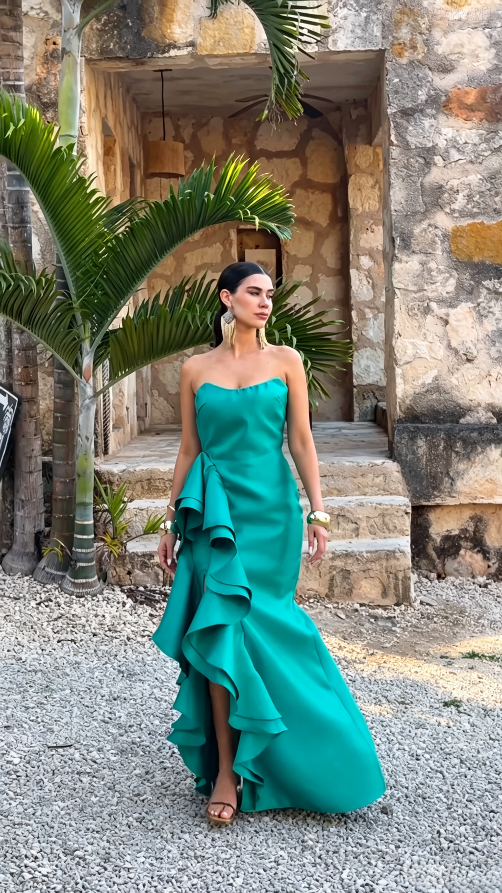 Aria Dark Green Strapless Frill-Edged V-Neck Long Dress