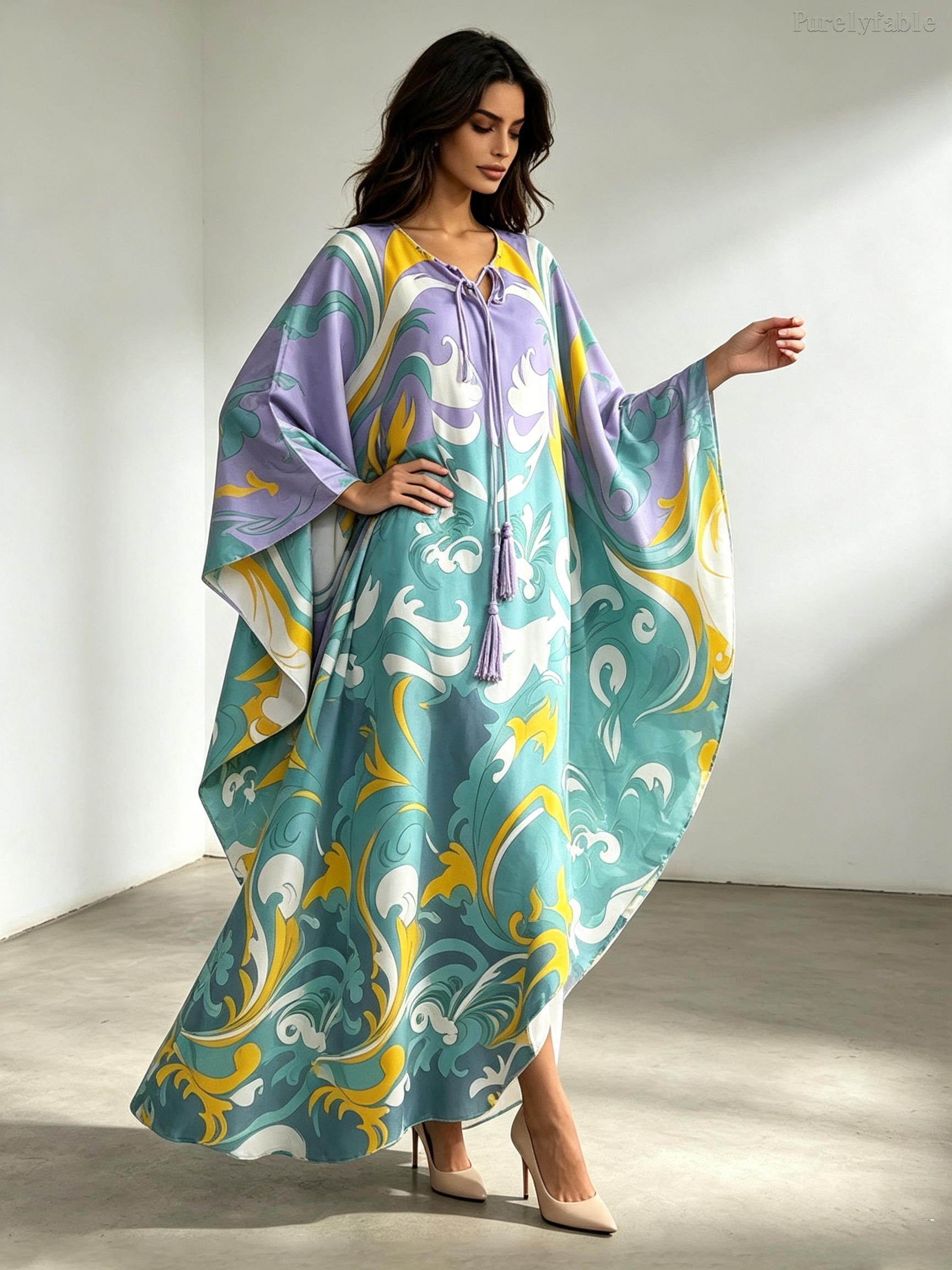 Rosalie Purple Loose-Knit Lace-Up Printed Long Dress
