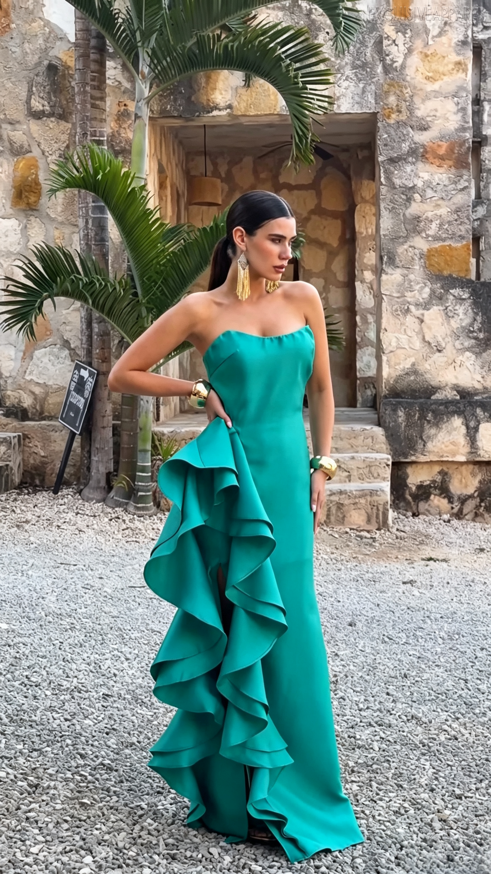 Aria Dark Green Strapless Frill-Edged V-Neck Long Dress