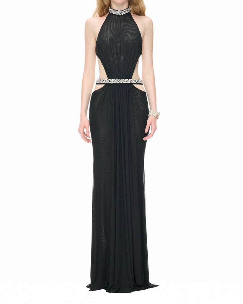 Cassandra Black Crystal-embellished Cutout Dress