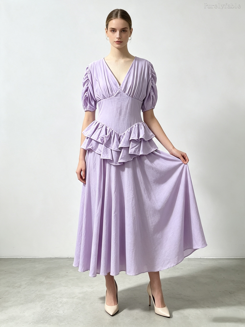 Camilla  Orange Ruffle V-Neck Puff Sleeve Dress