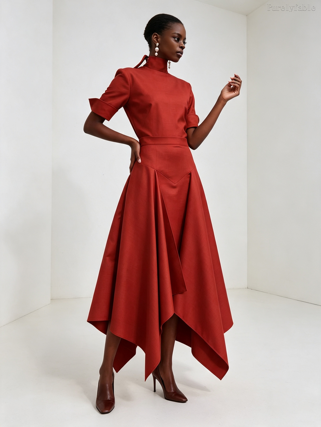 Iris Red Top And Irregular-Length Skirt Two-Piece Set