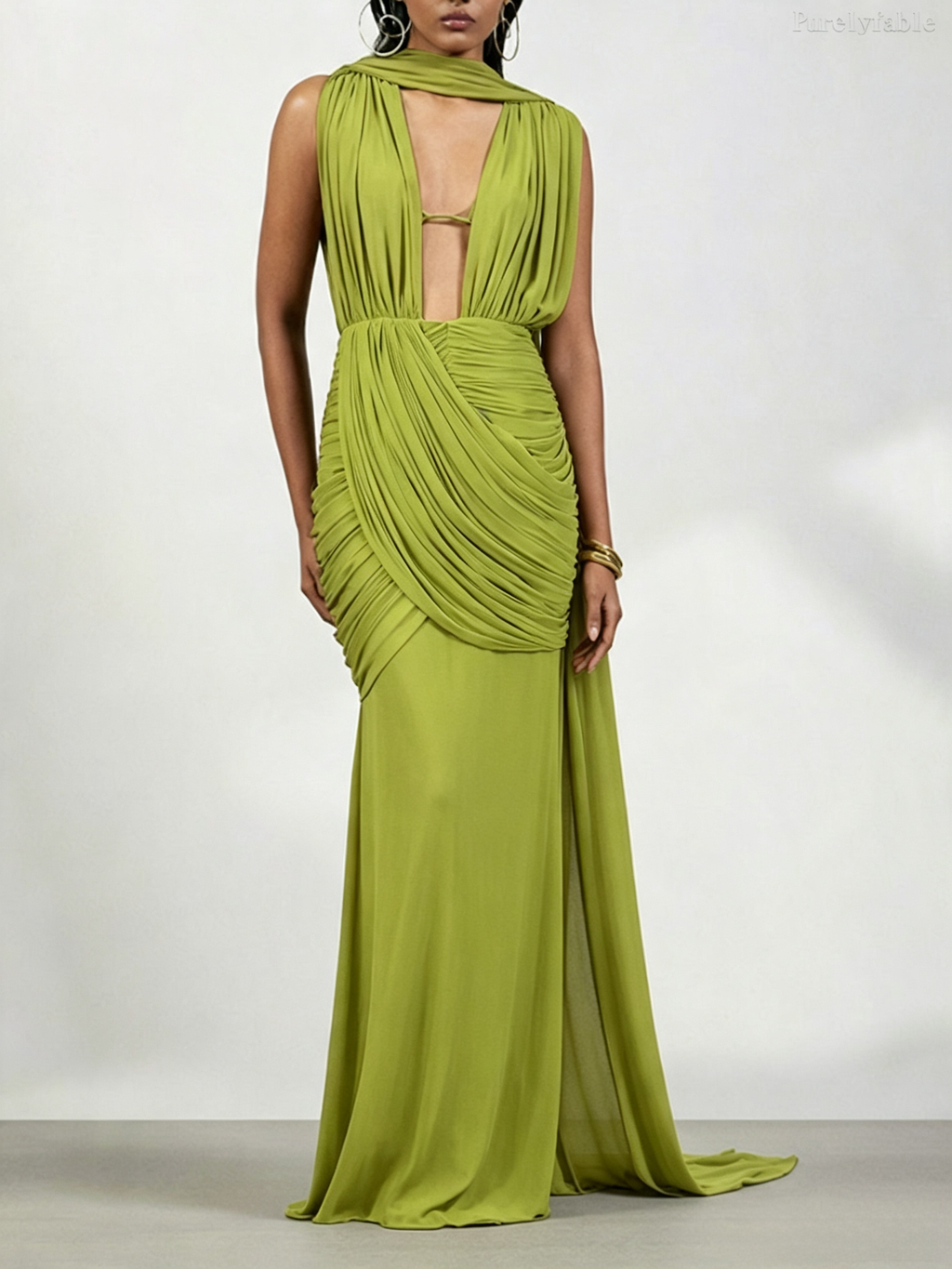 Phoebe Coffee-Colored Open Pleated Side Slit Long Dress