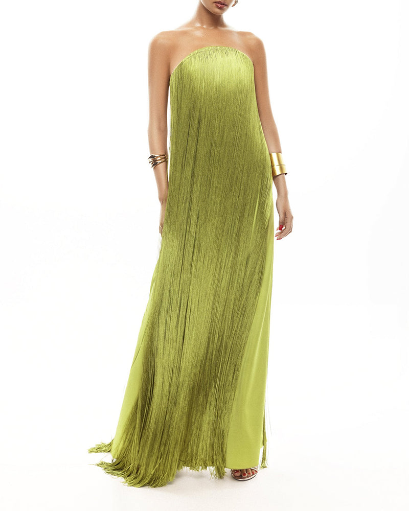 Celeste Green Off-the-shoulder Fringe Dress
