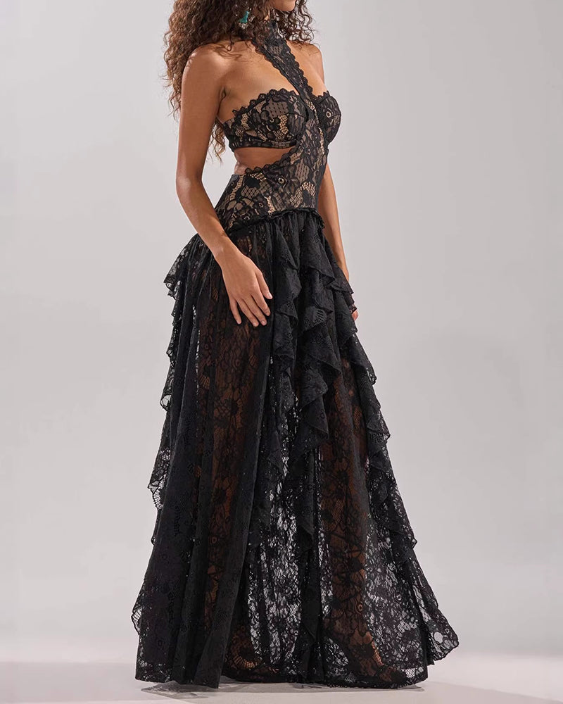 Isla Black Halter Cut-Out Lace Maxi Dress