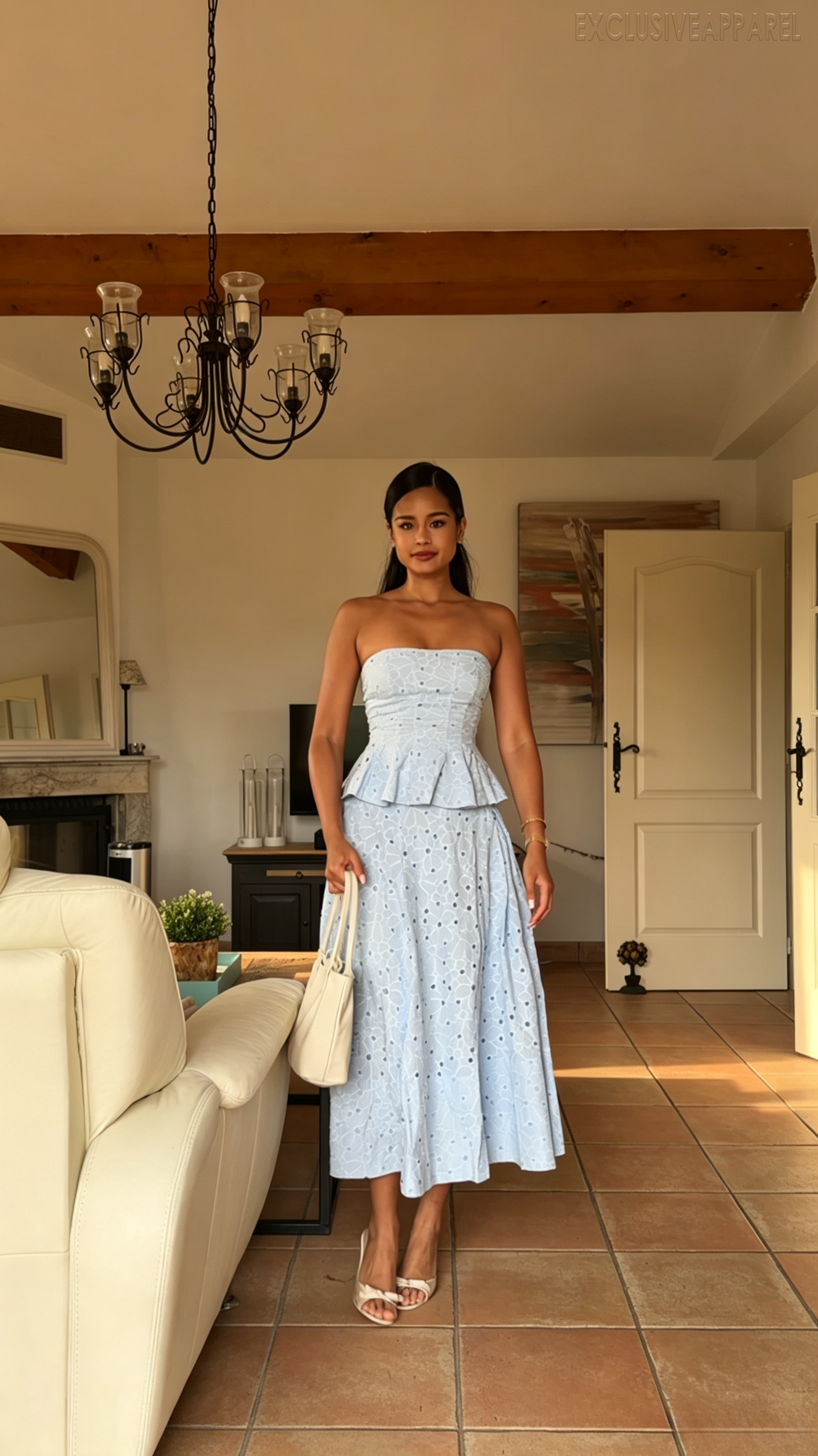 Helena Blue Strapless Mesh Long Dress