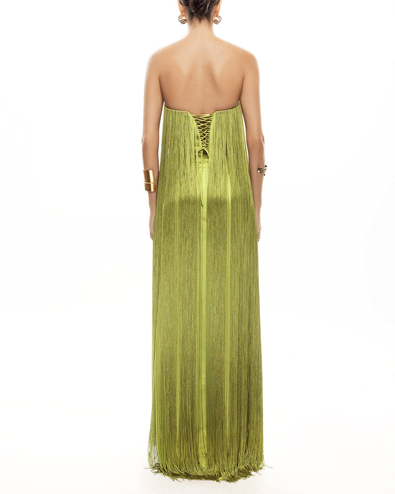 Celeste Green Off-the-shoulder Fringe Dress