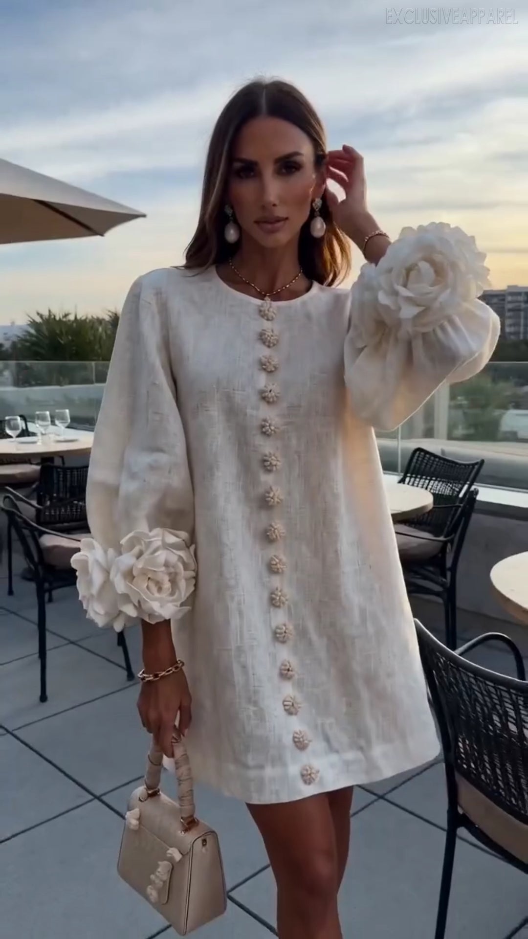 Thalia White Round-Neck Puff  Seeve Short Dress