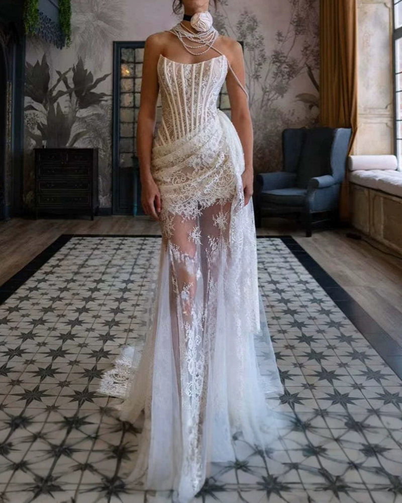 Aveline White Strapless Lace Dress