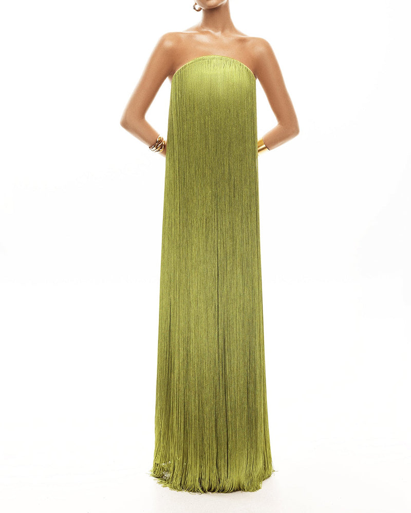 Celeste Green Off-the-shoulder Fringe Dress