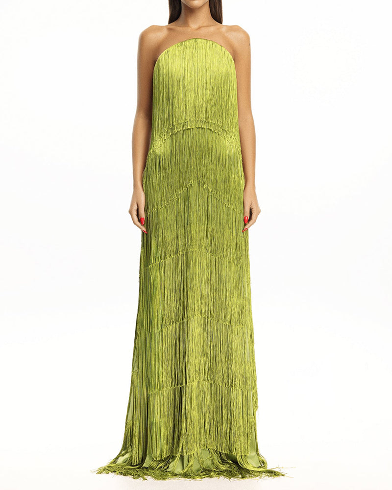 Valentina Green Strapless Multi-layered Fringe Dress