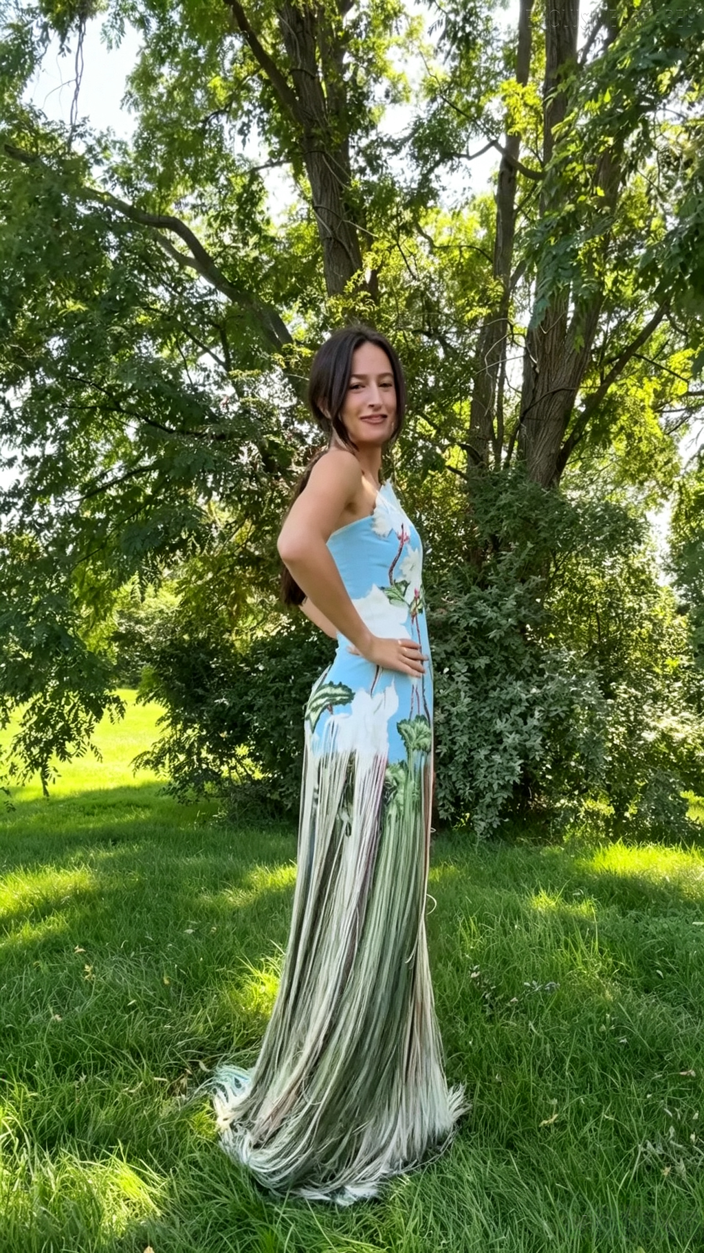 Hannah Blue Single-Shoulder Printed Fringed Dress