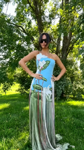 Hannah Blue Single-Shoulder Printed Fringed Dress