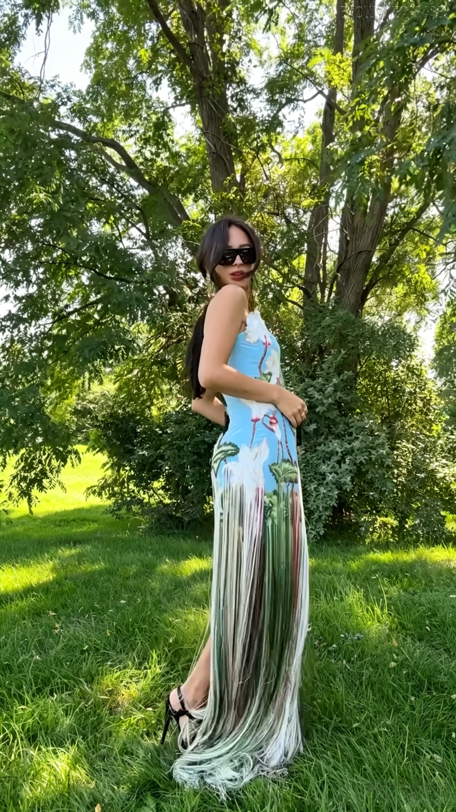 Hannah Blue Single-Shoulder Printed Fringed Dress