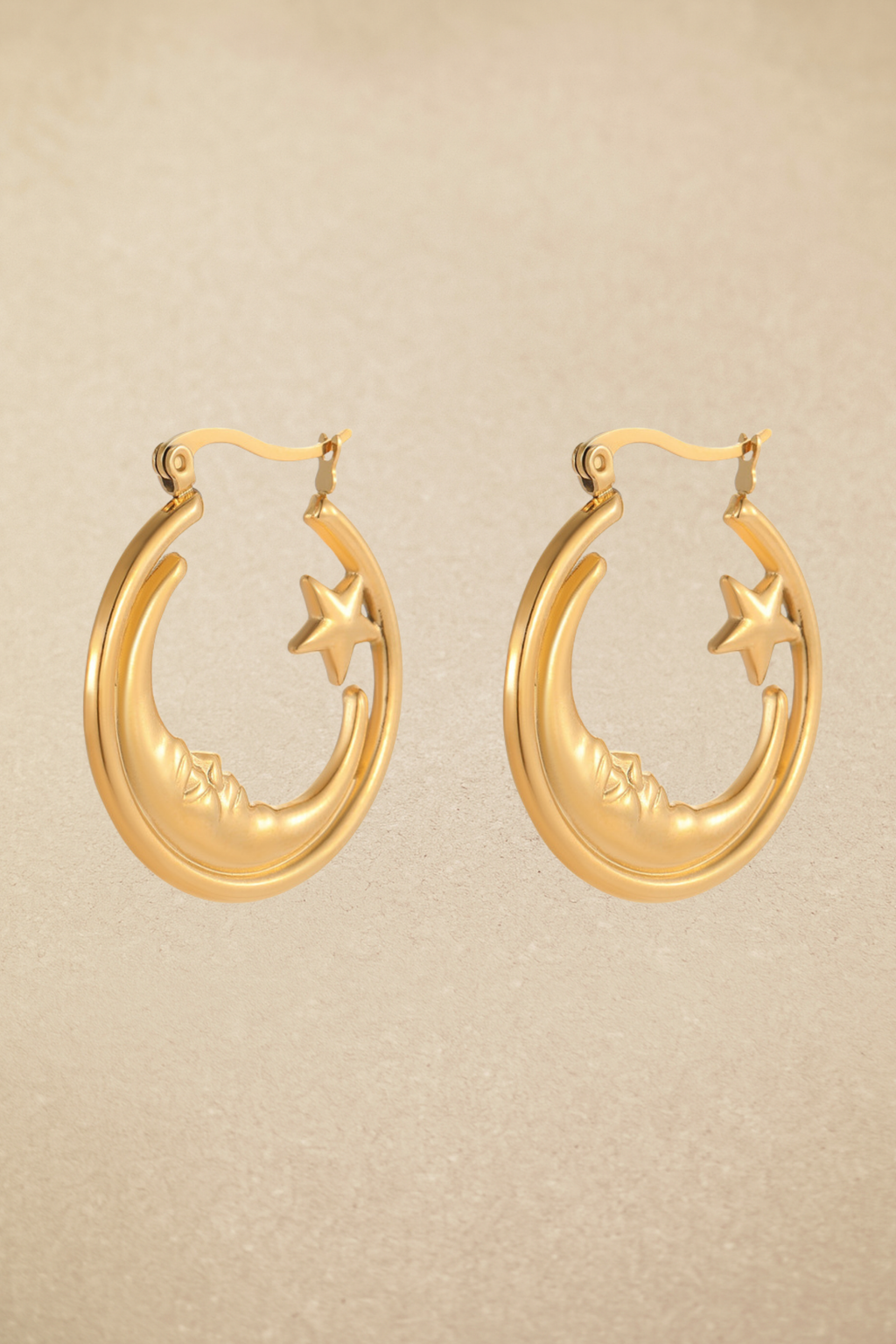 Crescent Moon Star Hoop Earrings