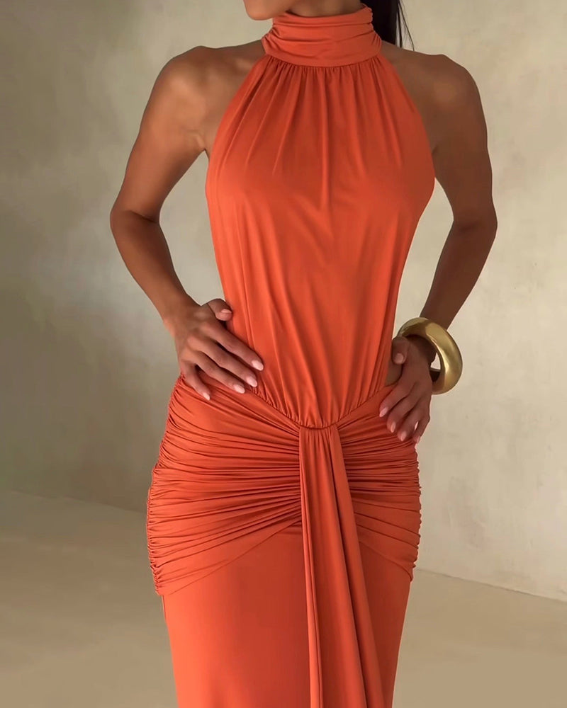 Sienna Orange High-neck Draped Cut-out Dress