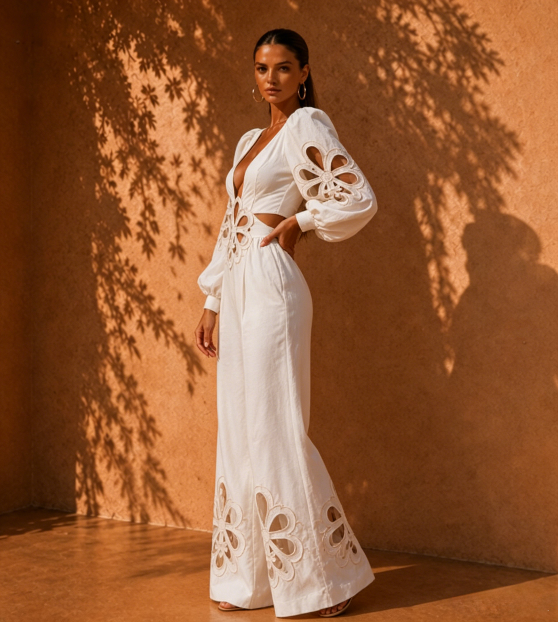 Zariah White Hollow-Out Wide-Leg Jumpsuit
