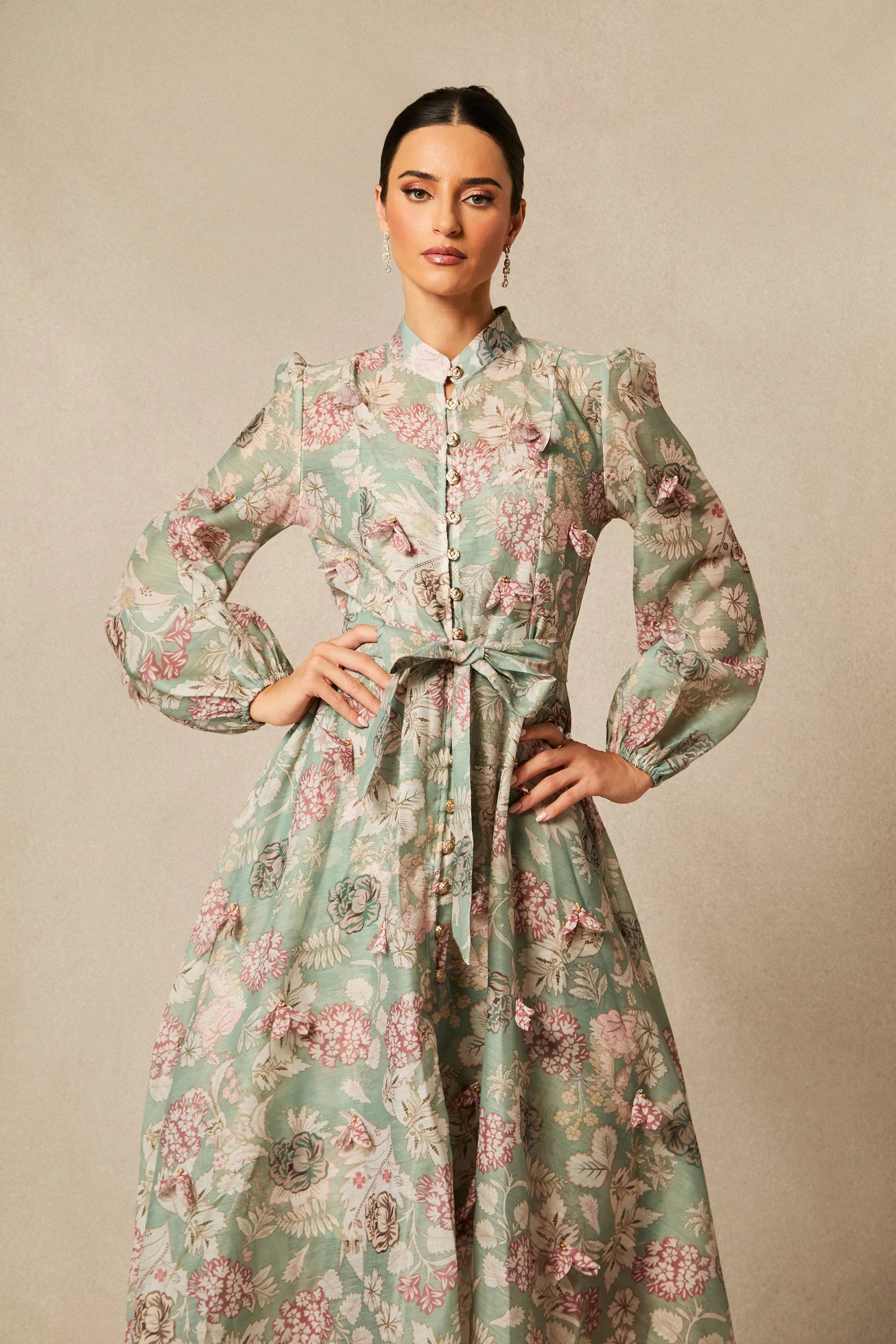Elia Green Floral Print Long-Sleeved Dress
