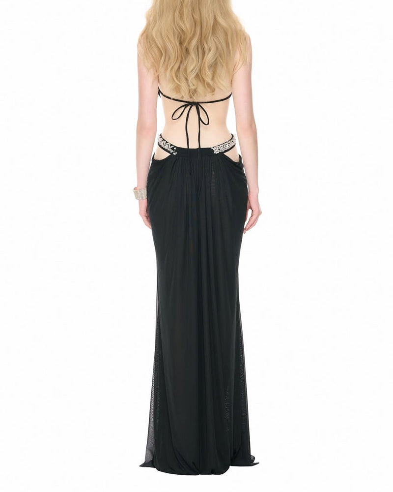 Cassandra Black Crystal-embellished Cutout Dress