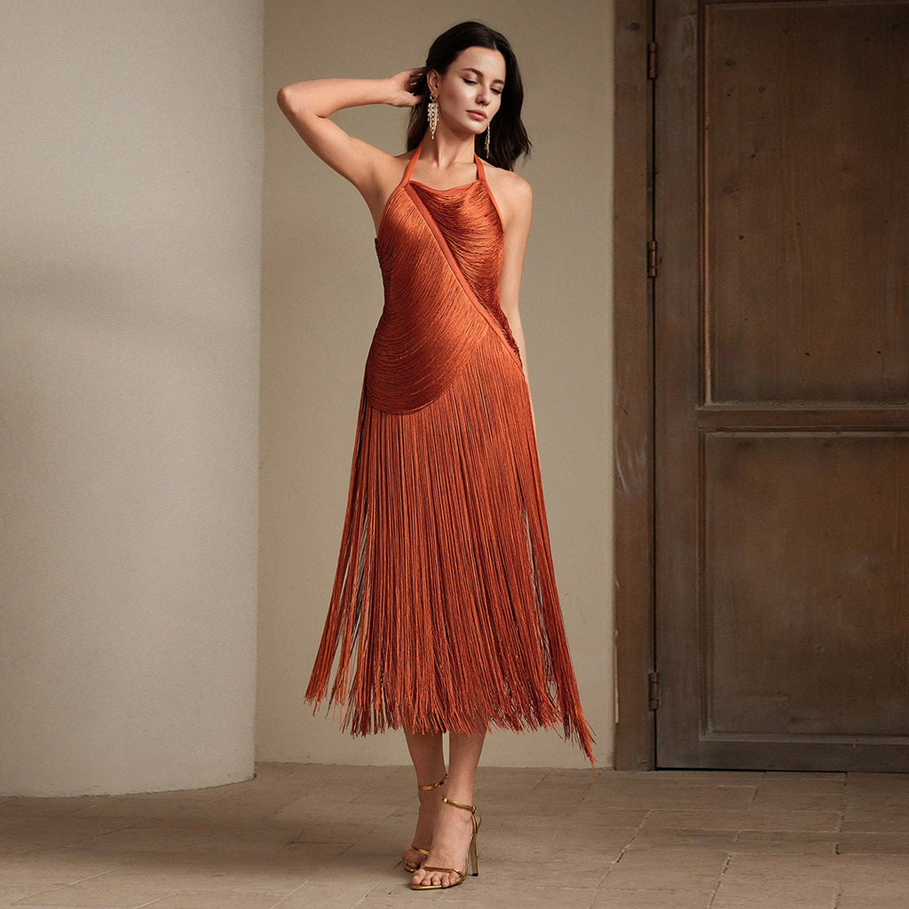 Calla Orange Halter-Neck Tassel Skirt