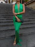 Priscilla Deep Green Neckline Deep V Beaded Long Dress