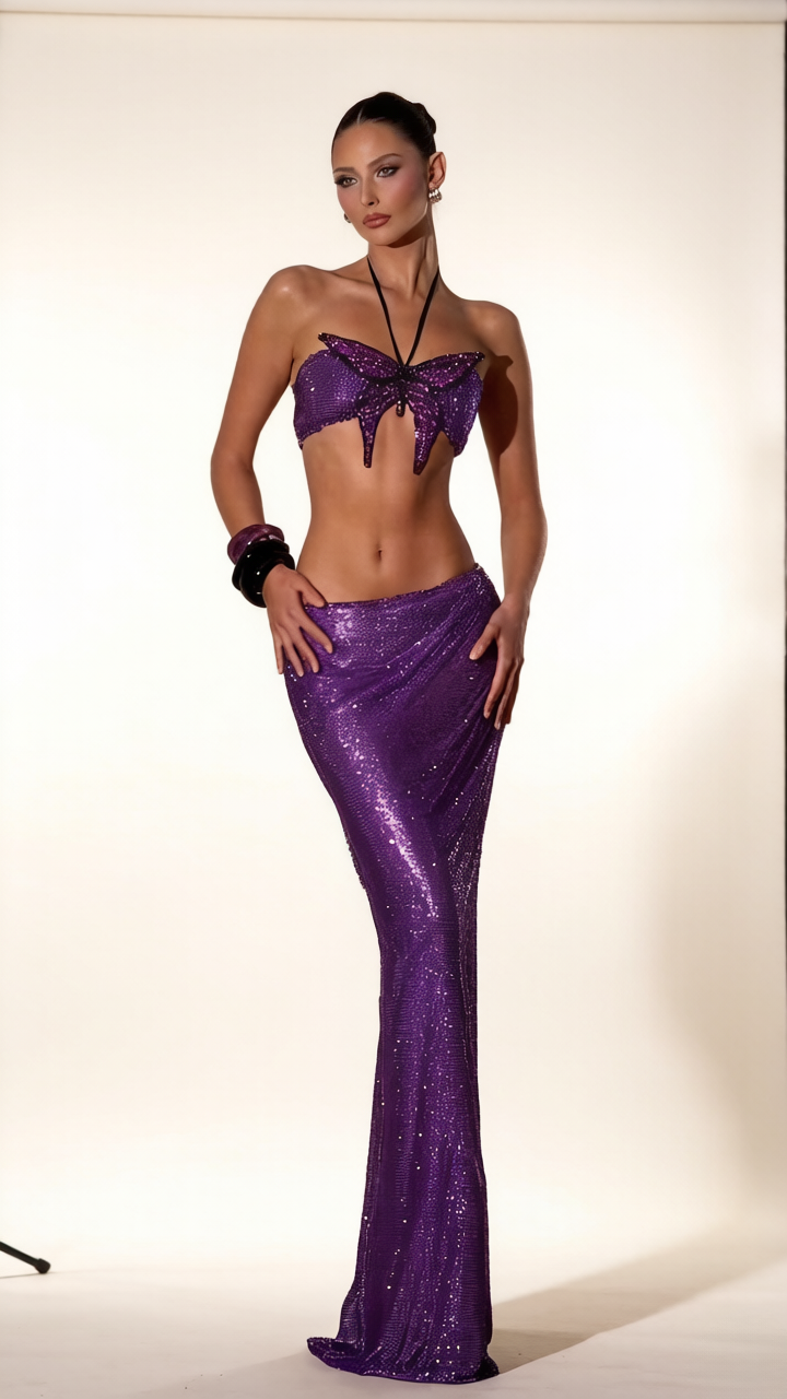 Natalia Purple Sequined Bodycon Dress Set