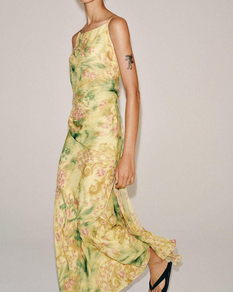 Aura Yellow watercolor floral slip dress