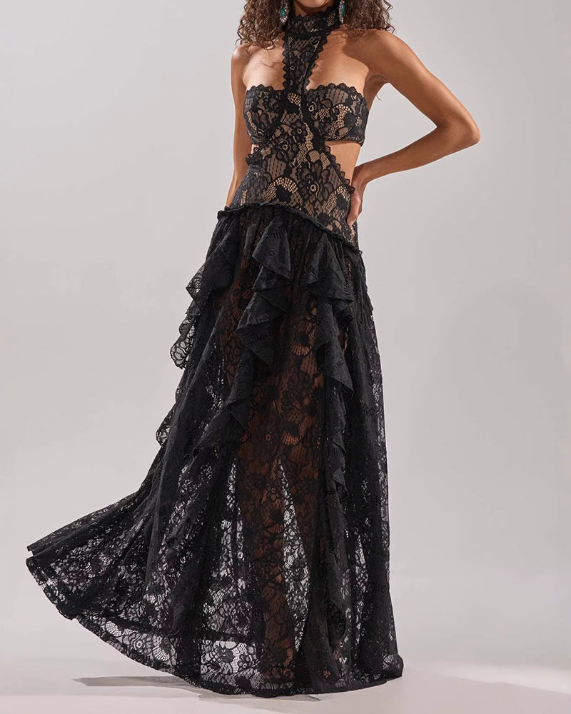 Isla Black Halter Cut-Out Lace Maxi Dress