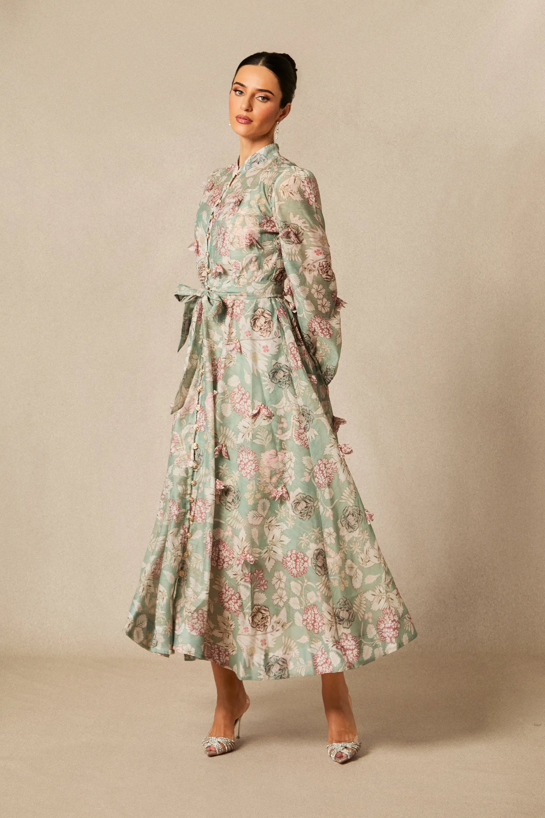 Elia Green Floral Print Long-Sleeved Dress