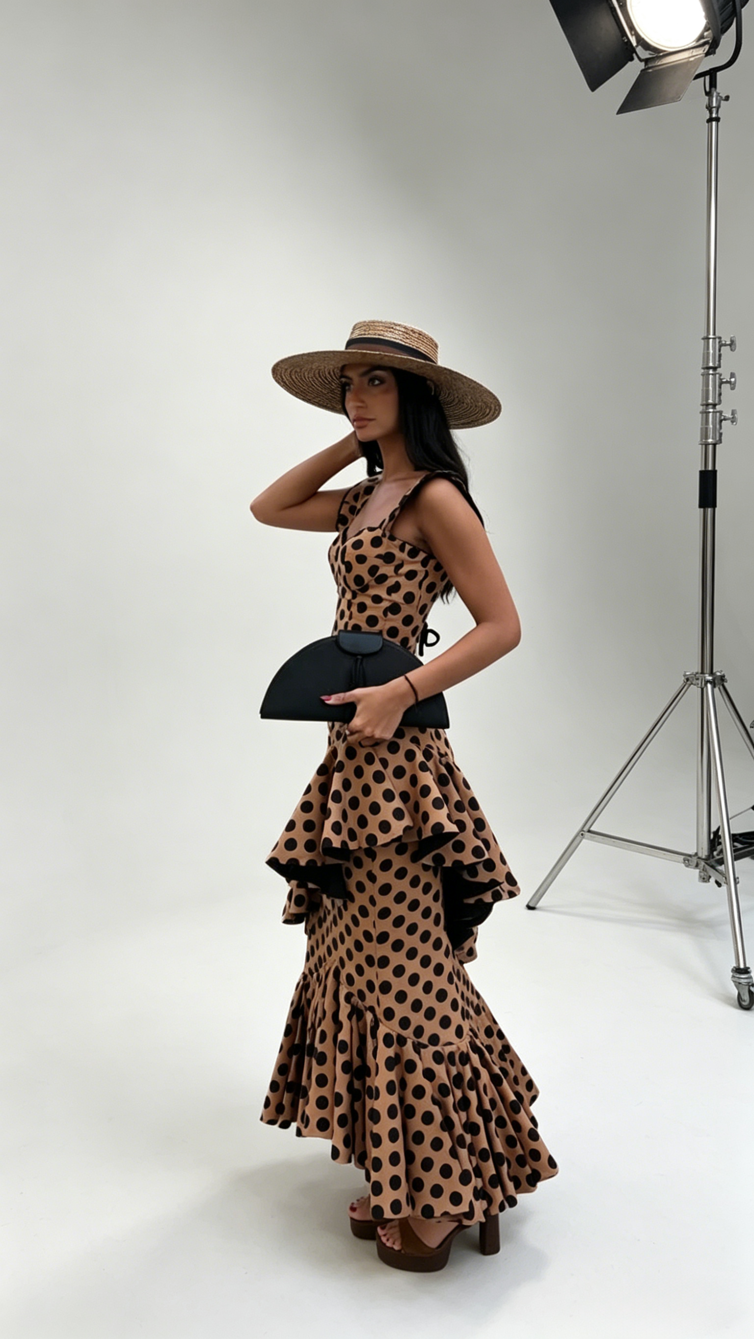 Luna  Brown Polka Dot Fishtail Skirt Suit