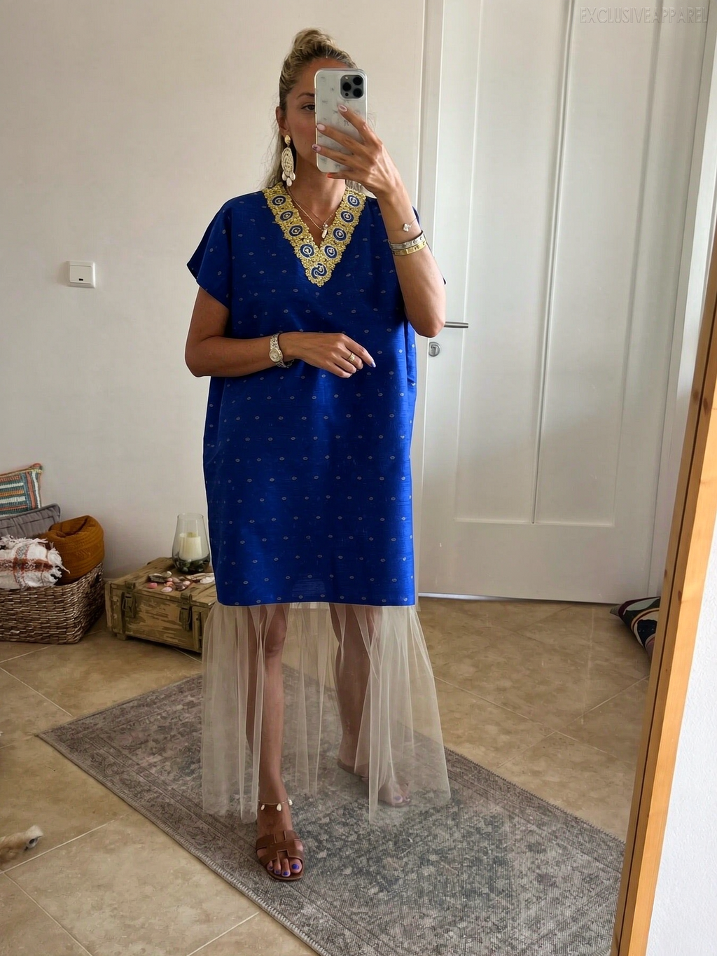 Lila Blue V-neck Net Silk Long Dress