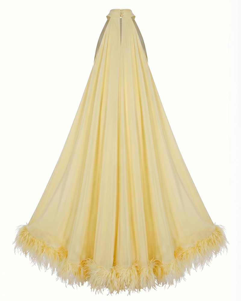 Aurelia Yellow Feather-trimmed Halter Dress