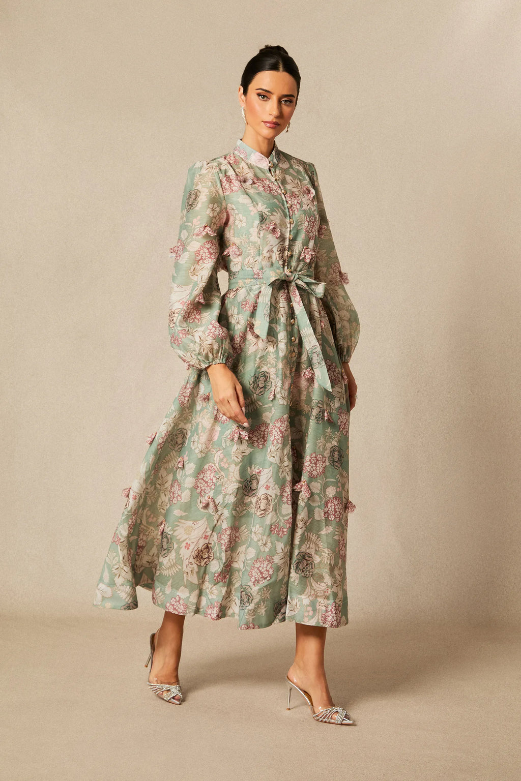 Elia Green Floral Print Long-Sleeved Dress