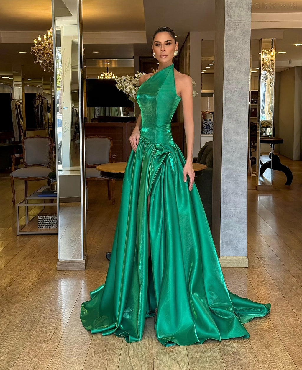 Madeline Green Neckline Slit Floor-Length Dress
